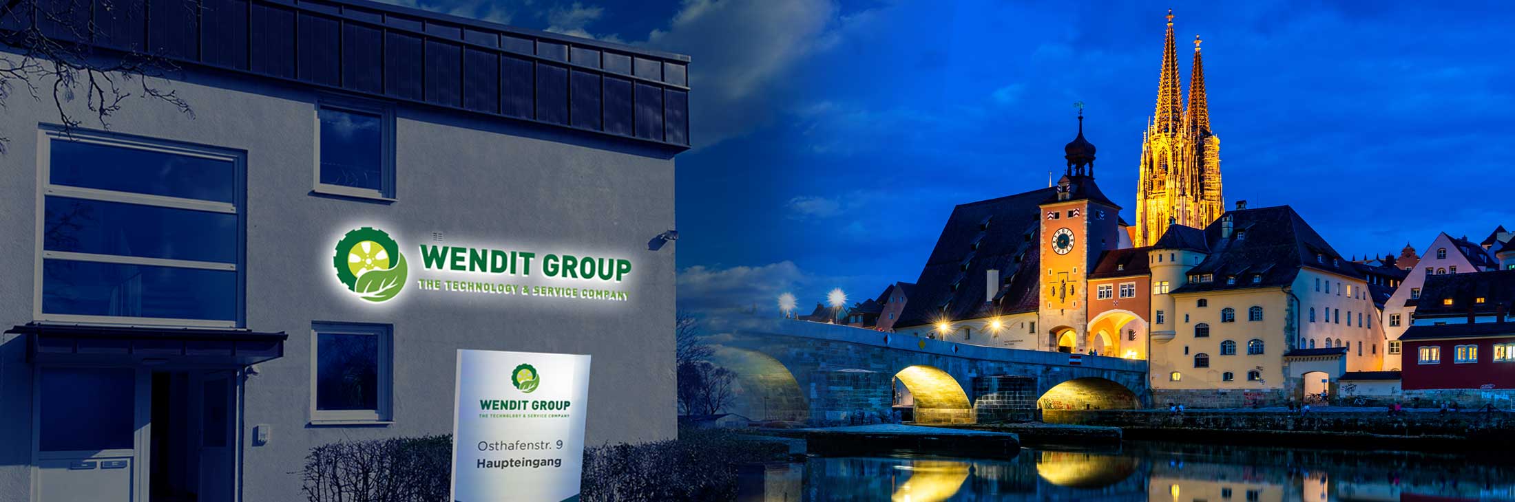 Wendit Office Building in front of the Stone Bridge and the Cathedral in Regensburg, Germany