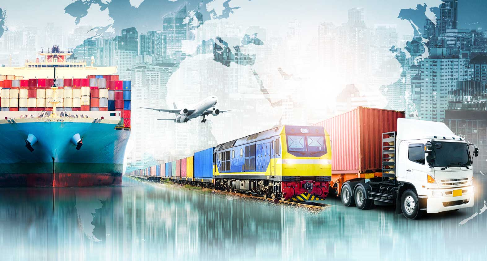 Composing with ships, trains, planes, and trucks against an urban backdrop