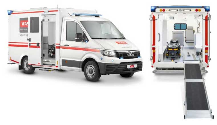 Wendit ambulance, side view and rear view with stretcher