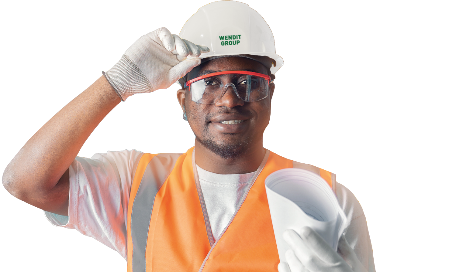 A Wendit employee in Guinea wearing a helmet and holding a project plan