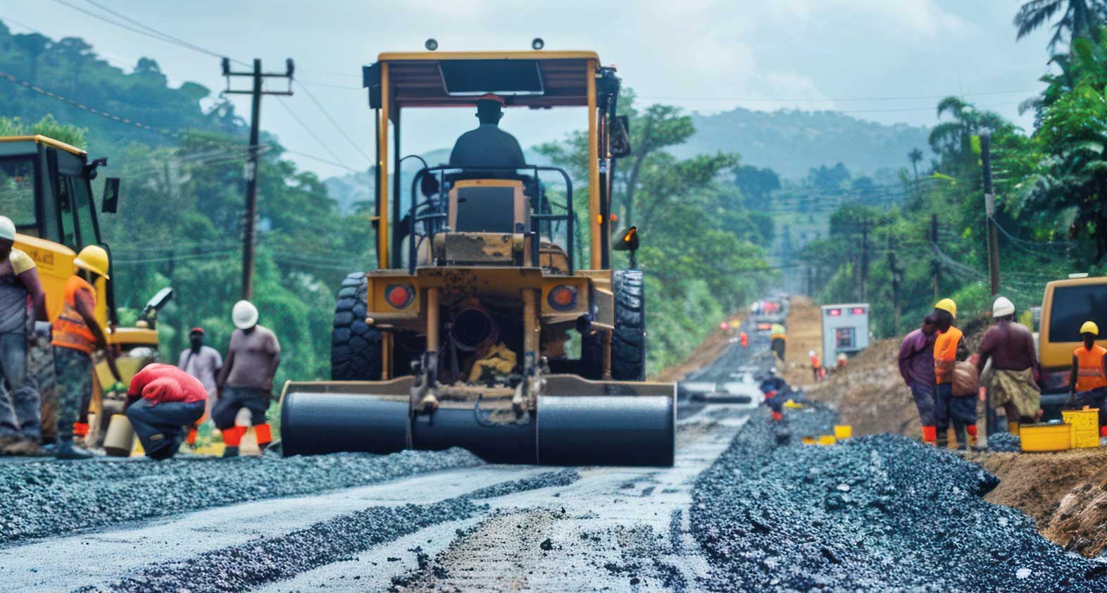 A road roller leveling a new road in West Africa