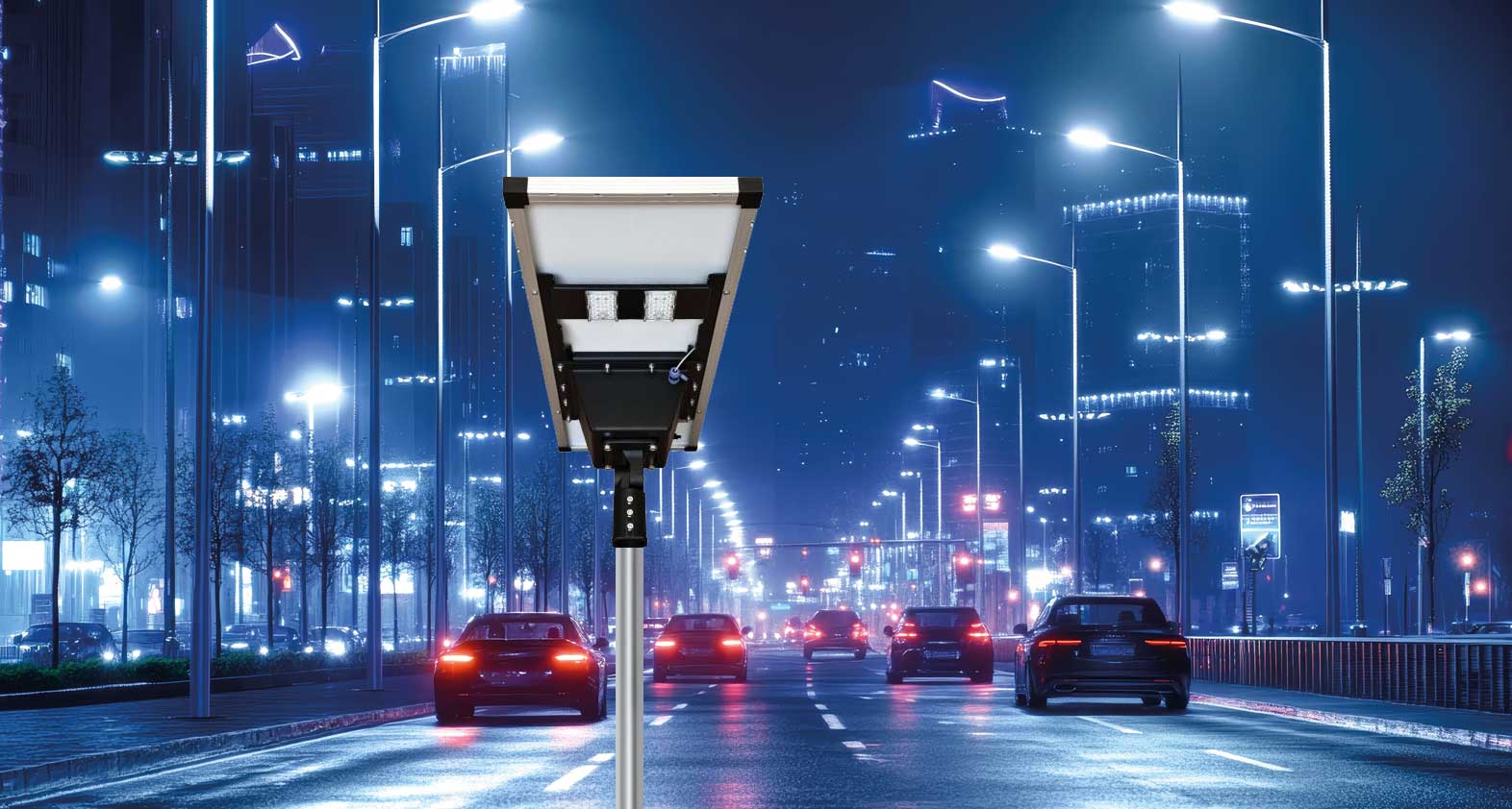 Solar street lighting on a busy road in Mauritania
