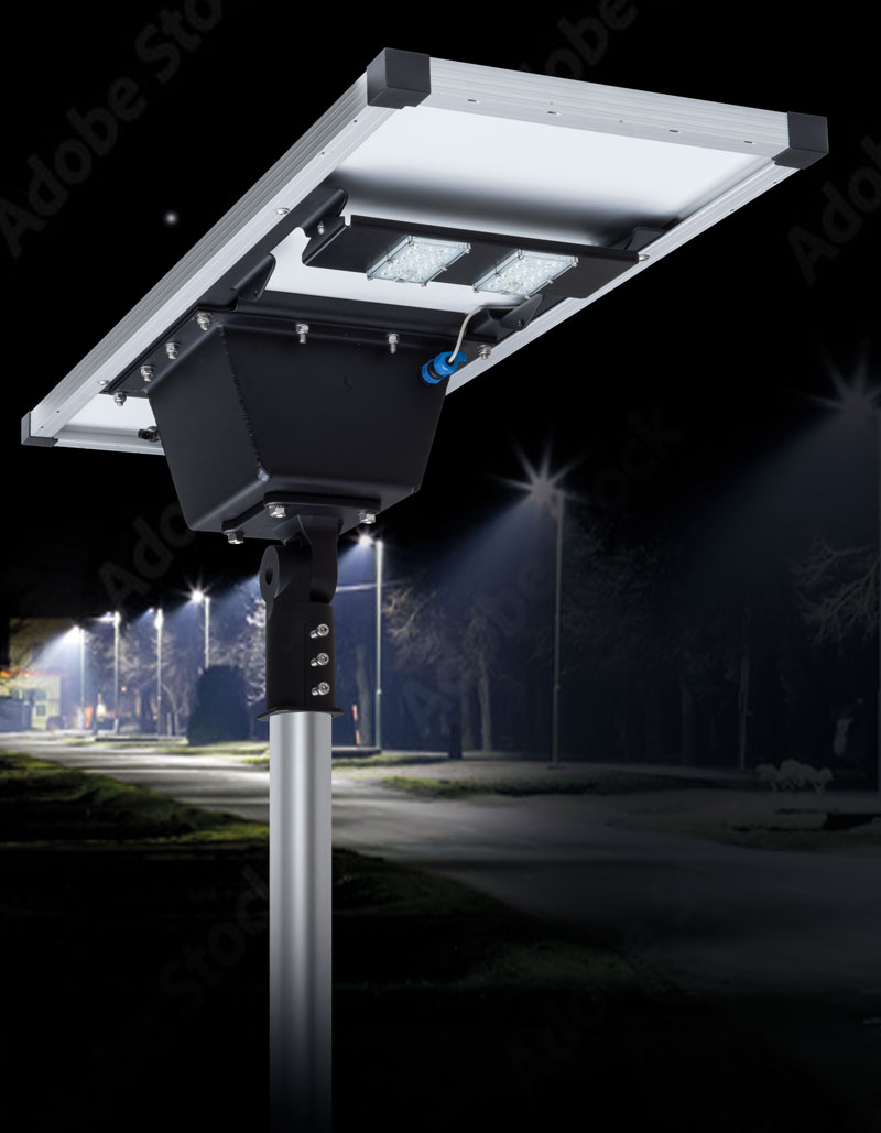Solar light in illuminated street at night