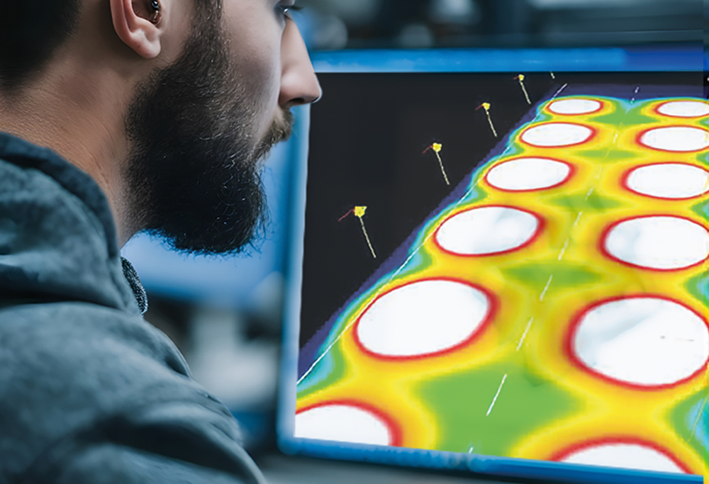 A person in front of a monitor displaying a simulation of street lighting on both sides of the road