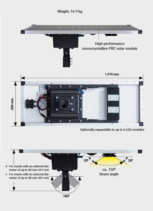 Side view and top view of the WSSL solar street light with dimensions