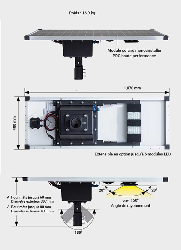 Vue de profil et vue de dessus du lampadaire solaire WSSL avec cotations