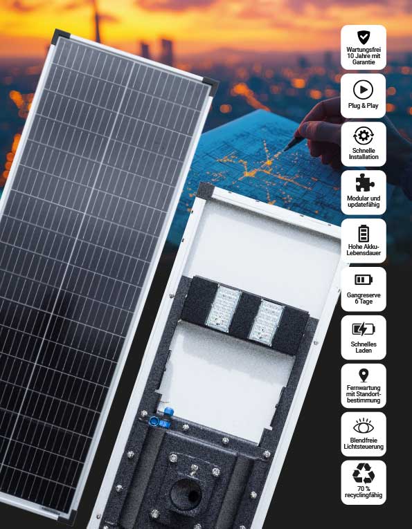 Wendit Straßenleuchte mit Solarpanel und LED-Licht vor Stadtsilhouette bei Abenddämmerung