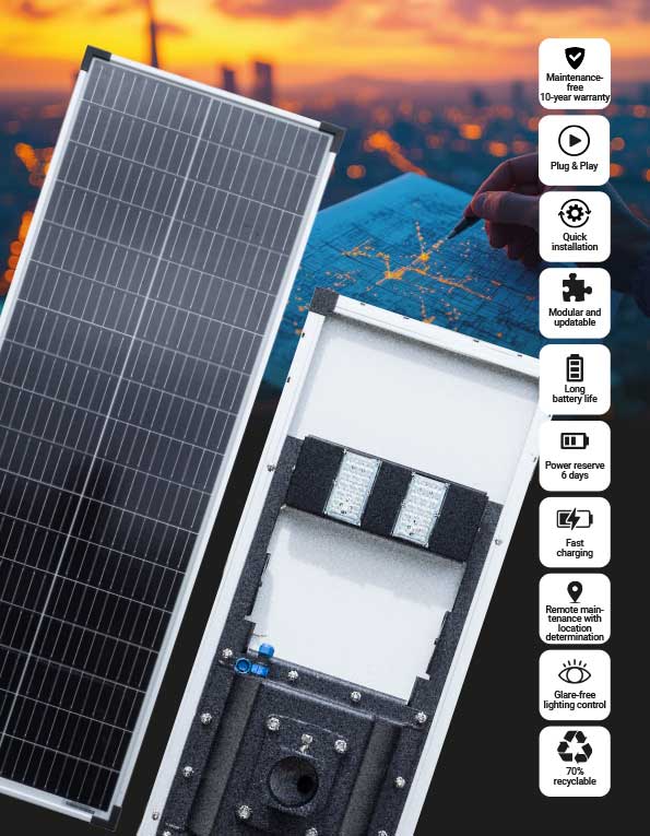 Wendit streetlight with solar panel and LED light against a city skyline at dusk