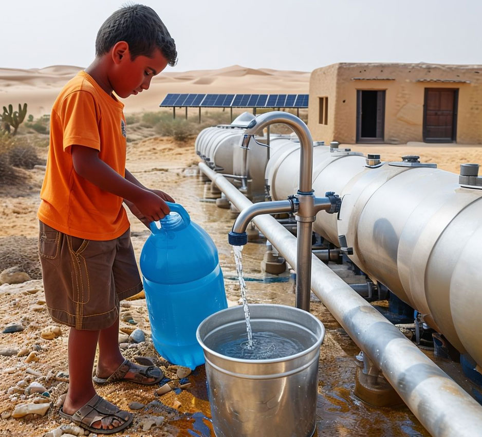 A child fetching water from an outdoor water container