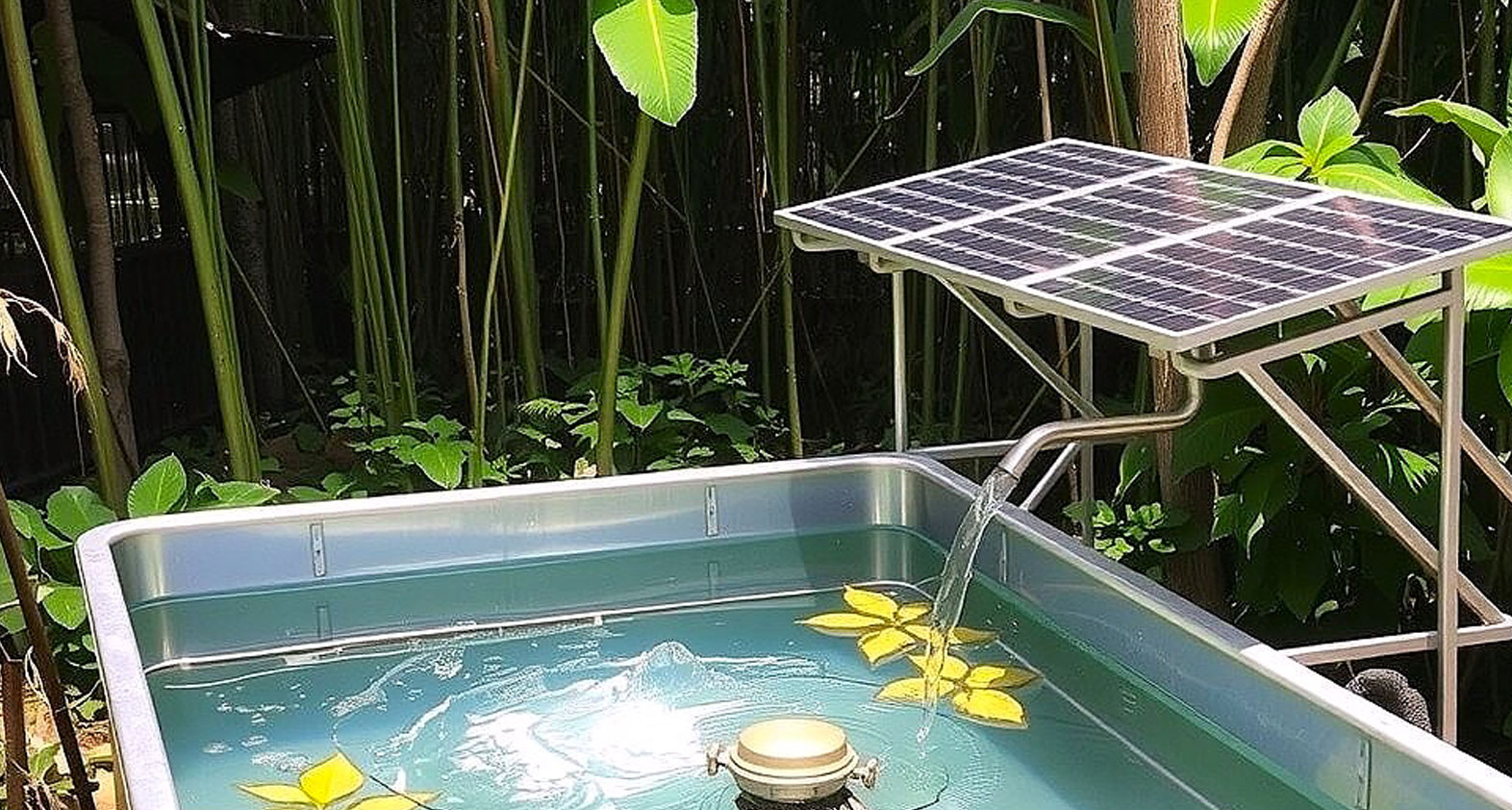 Solar-powered water supply with a garden pond